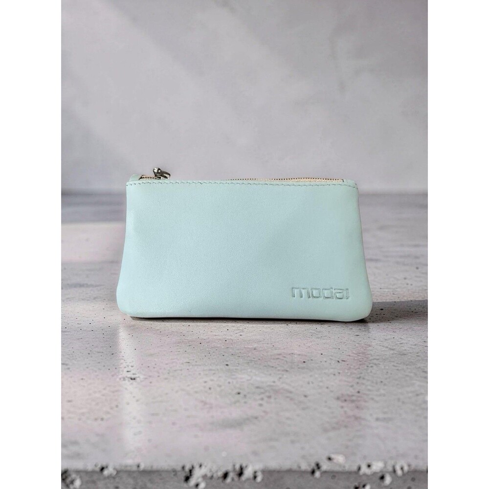 Moda Spana Blue-Green Leather Zipper Key Pouch NEW